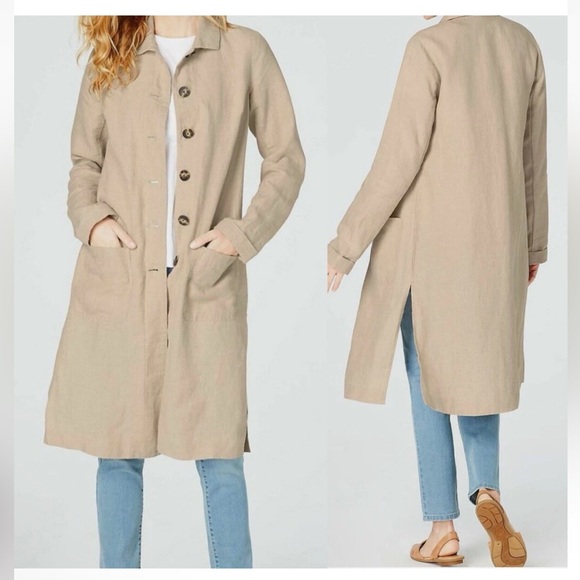 J. Jill Jackets & Blazers - J. Jill Love 100% Linen Women’s Trench Long Coat Button Front Beige XL Lagenlook